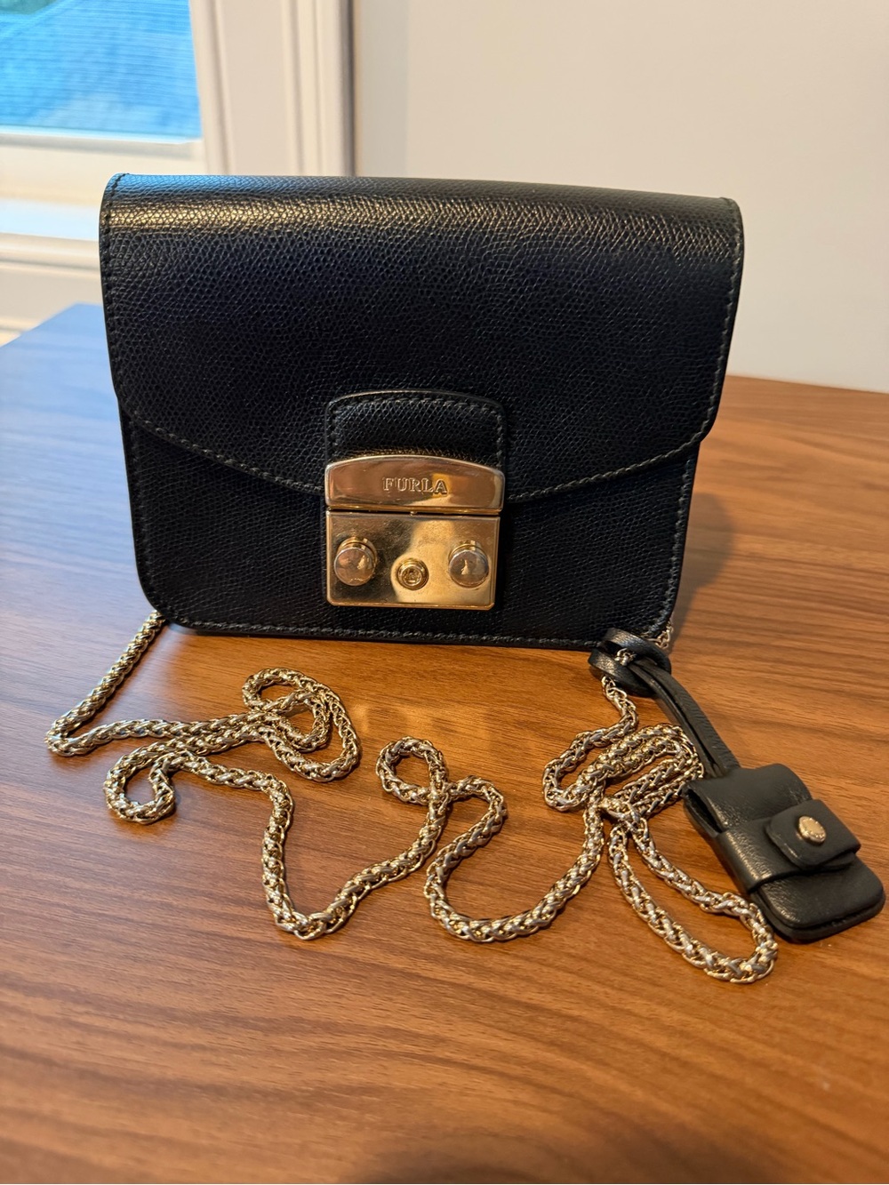 Furla Black Leather Crossbody with Gold Hardware